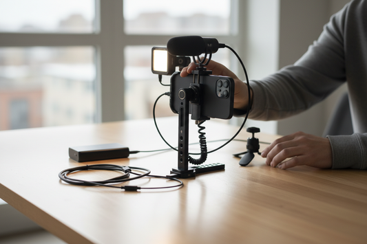 A mobile phone filming rig on a tabletop with microphone, light, cables, and power connected during a pre-shoot test
