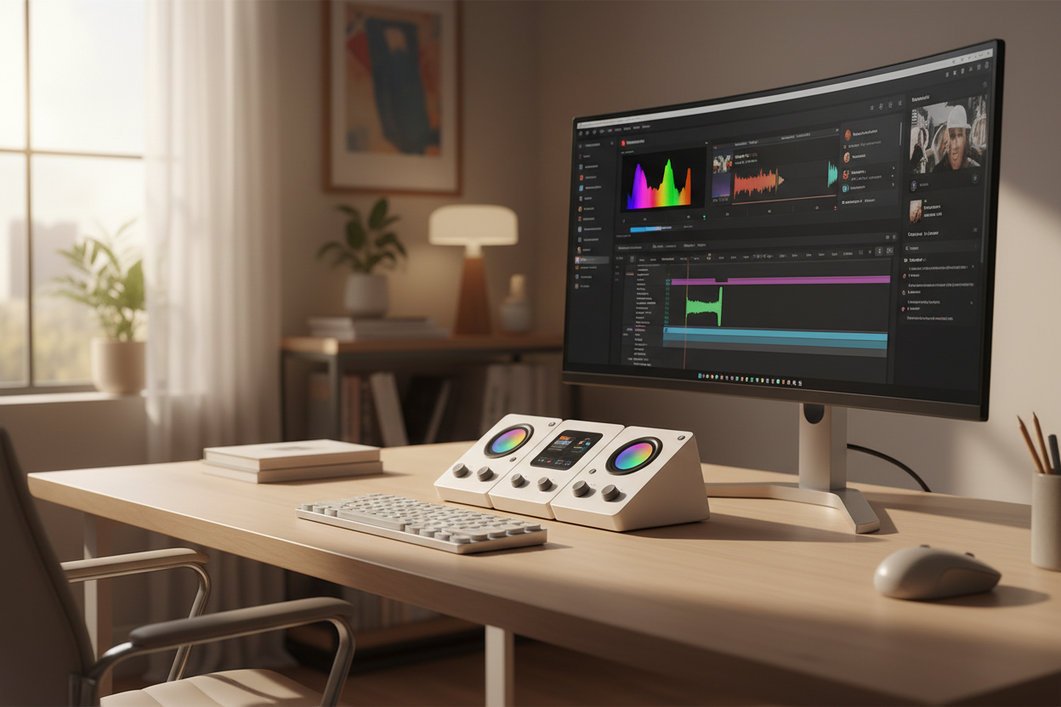 Creator control deck on a desk beside a keyboard and monitor, ready for editing or streaming tasks