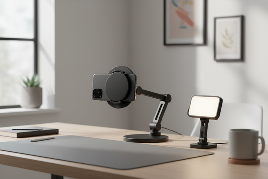 Android phone with a magnetic accessory attached on a desk, showing a tested creator setup