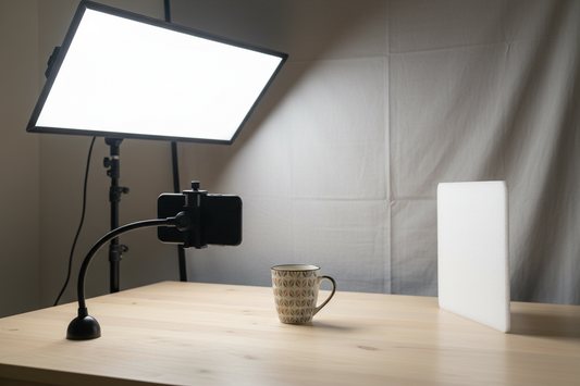 Phone-shot tabletop product video setup with a product on a desk, a broad light placed to one side, and a white bounce card on the opposite side in a small home studio