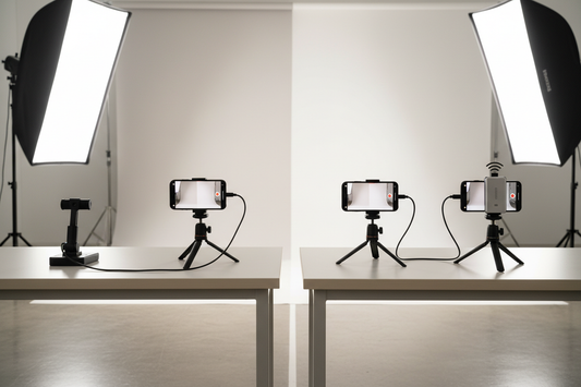 Wired and wireless selfie monitor setup shown on a filming rig for comparison