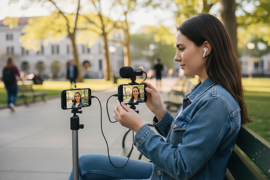 A mobile interview setup with a person speaking into a small microphone while holding a phone on a tripod outdoors