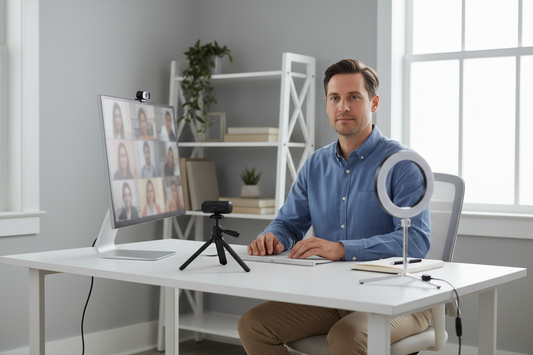 Compact desk lighting setup for a professional video call with a webcam at eye level and a front-facing light beside the monitor