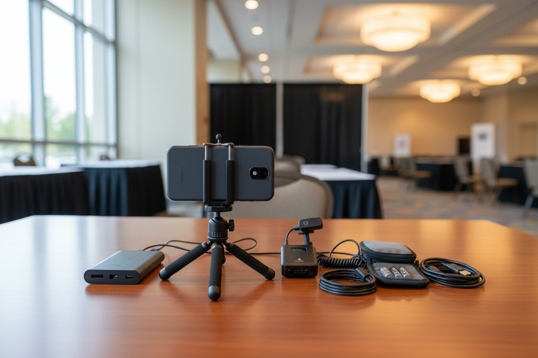 Mobile interview kit laid out on a table for event interviews, including a smartphone, microphone setup, compact support, power bank, and cables