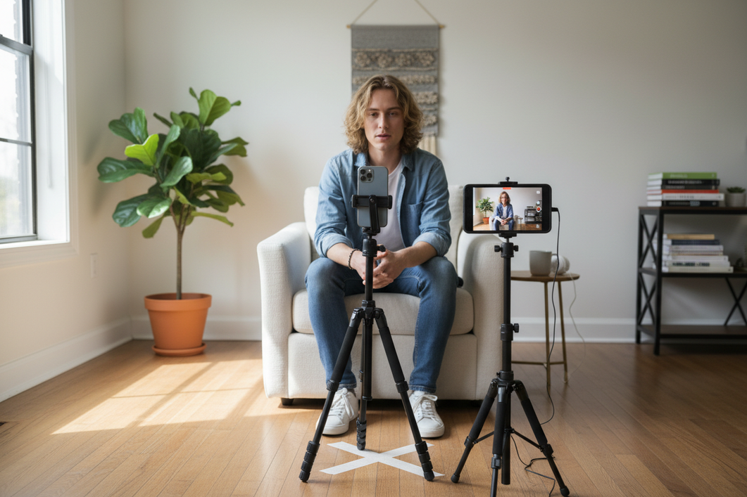 Rear camera vlogging setup with a smartphone on a tripod, a person positioned in front of it, and a small preview screen beside the phone for checking framing