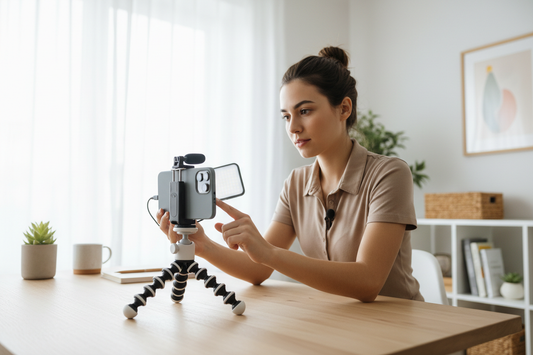 Compact phone video setup on a desk with a person facing soft window light, showing a simple stable recording position.