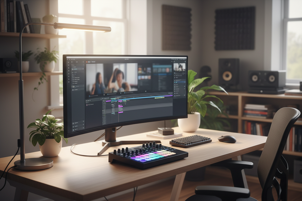 Desk controller on a creator workstation beside a monitor showing editing software and a live streaming app, with ambient room lighting in a compact home studio