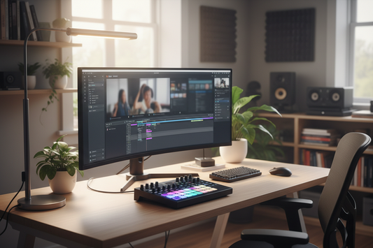 Desk controller on a creator workstation beside a monitor showing editing software and a live streaming app, with ambient room lighting in a compact home studio