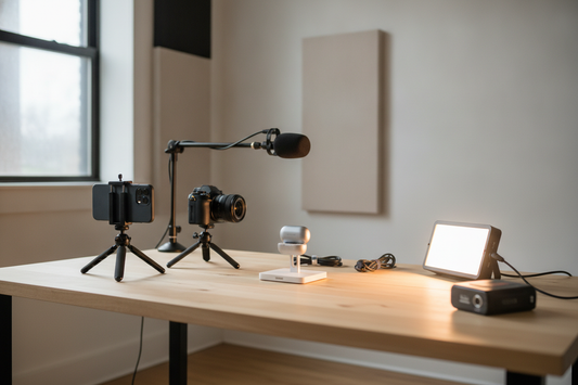 Phone and camera product demo setup on a tabletop with lights, microphone, and tripod in a small studio