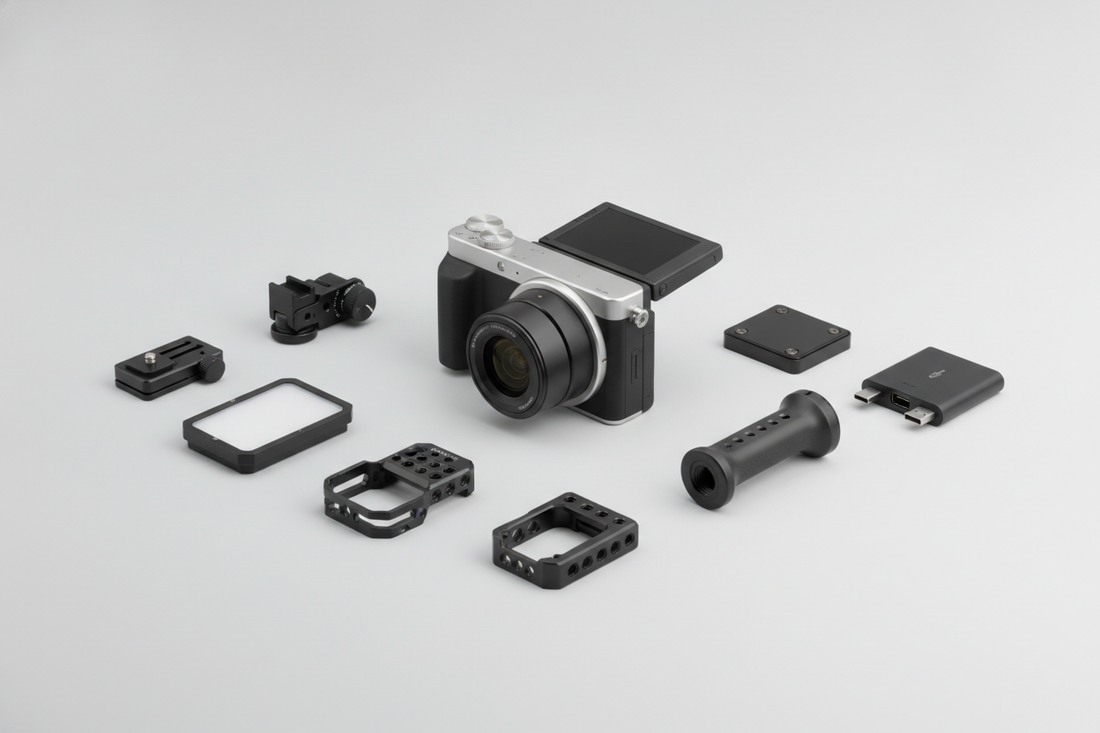 DJI Osmo Pocket accessory compatibility concept showing a handheld camera with several mount-style accessories arranged nearby