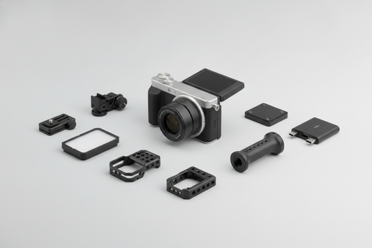 DJI Osmo Pocket accessory compatibility concept showing a handheld camera with several mount-style accessories arranged nearby