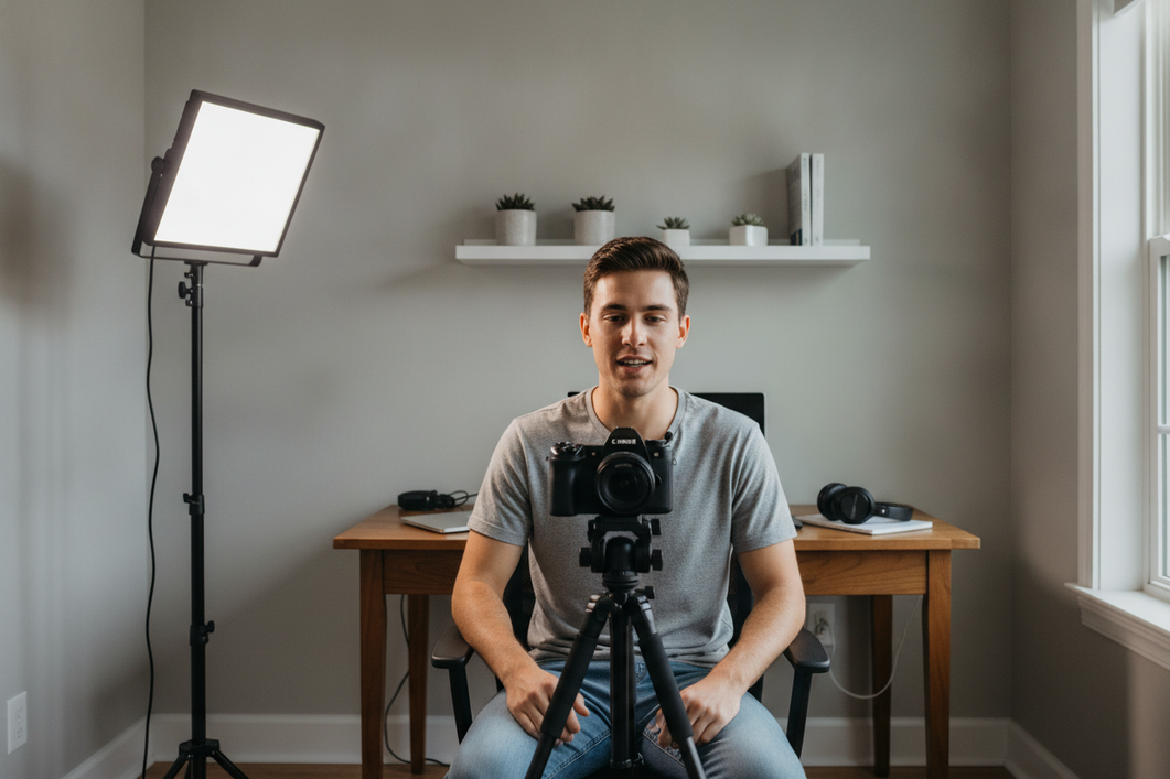 Small room video lighting setup with a subject facing a camera and a soft key light creating gentle shadows in a bedroom studio