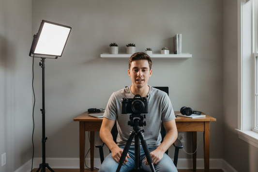 Small room video lighting setup with a subject facing a camera and a soft key light creating gentle shadows in a bedroom studio