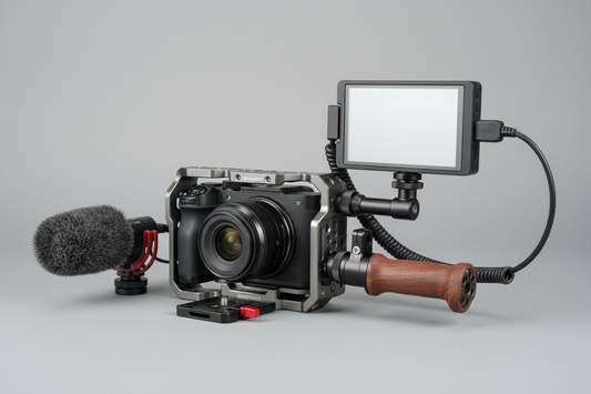 Camera cage fit checklist with a camera body, cage, microphone, monitor, and cables arranged for a compatibility check