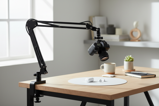 Desk camera mount set up for overhead product filming on a clean worktable