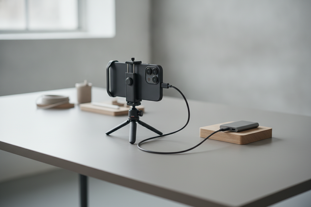 Phone recording video directly to an external SSD in a simple tabletop setup with cable and mount visible