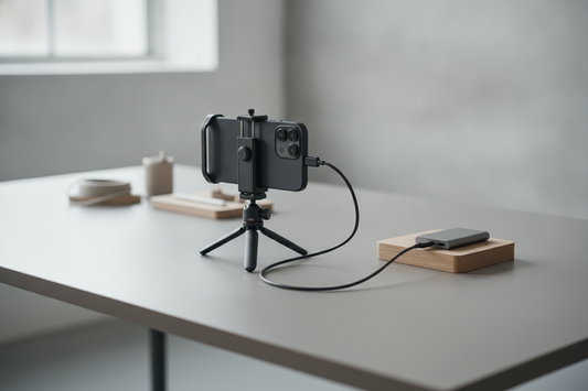 Phone recording video directly to an external SSD in a simple tabletop setup with cable and mount visible