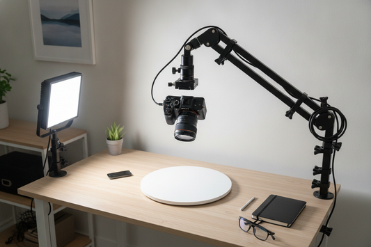 Low-clutter overhead product video rig above a desk with camera, light, cables, and product space arranged for tabletop filming