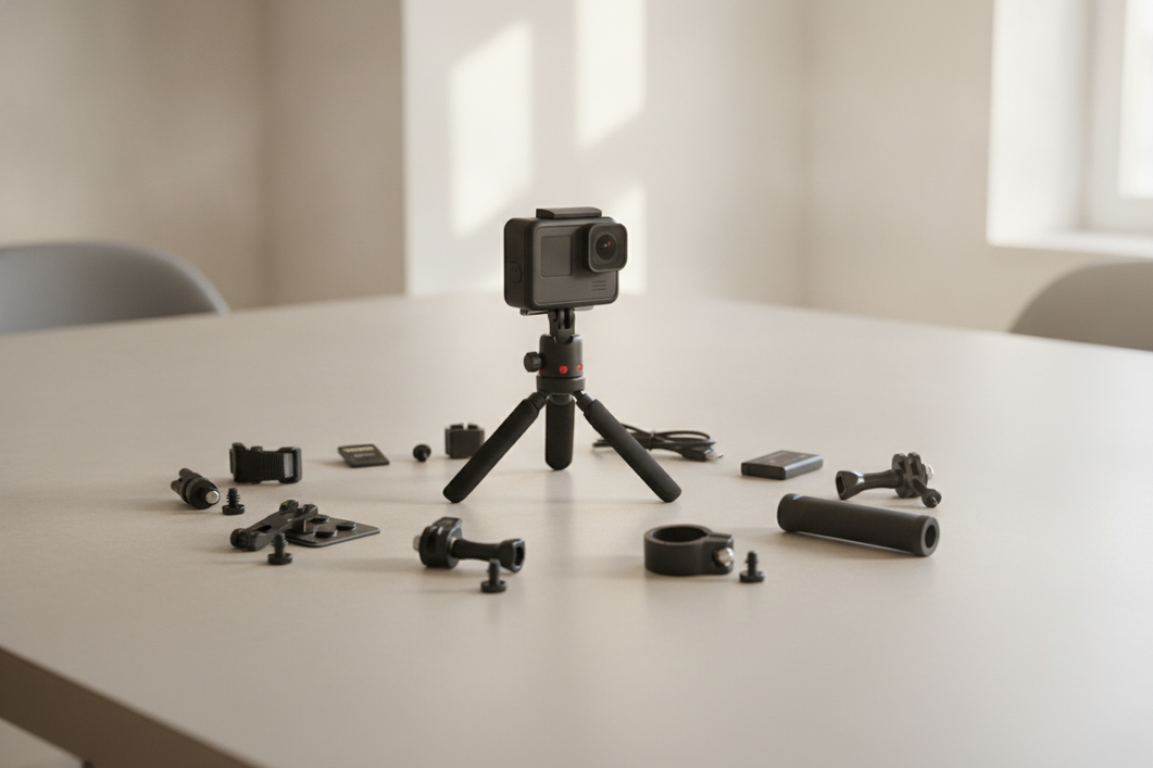 Action camera mini tripod setup on a tabletop with camera, adapter, microphone, and light arranged for a fit check