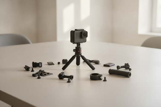 Action camera mini tripod setup on a tabletop with camera, adapter, microphone, and light arranged for a fit check