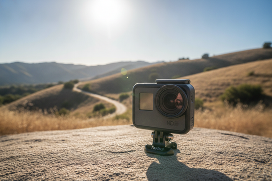 Action camera with an ND filter mounted for bright outdoor video filming