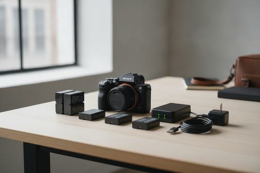 Camera battery backup kit arranged for a long shoot, with spare batteries, charger, and charging cable on a table beside a camera