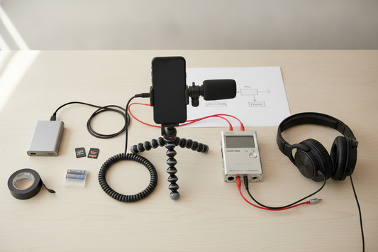 A compact portable interview audio kit arranged for a solo interview setup with a phone, microphone, mounting gear, cables, and backup recording items on a clean table
