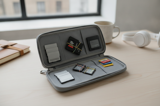 Camera memory card organizer with cards separated into empty, in-use, and awaiting-backup sections