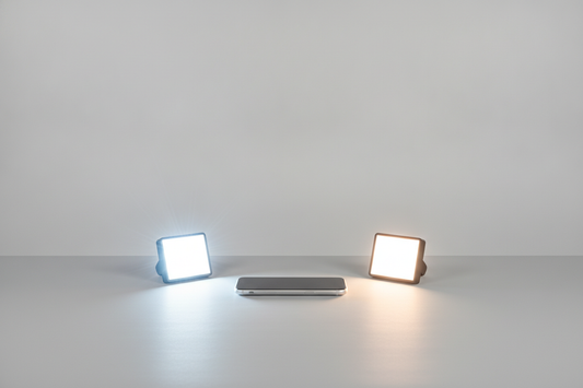 Compact smartphone flash and a small continuous light arranged for a low-light phone photo setup