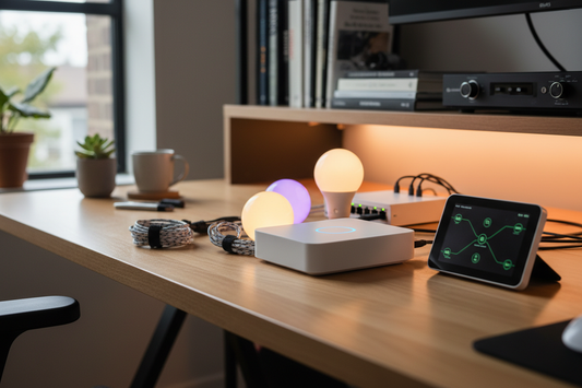 Offline smart studio control setup with a controller, connected lights, and a display device running locally on a desk