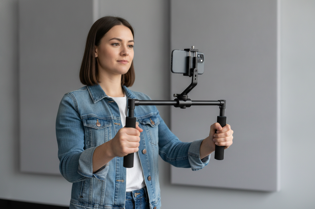 Ergonomic phone rig with dual handles being held at chest height by a creator during a vertical filming setup