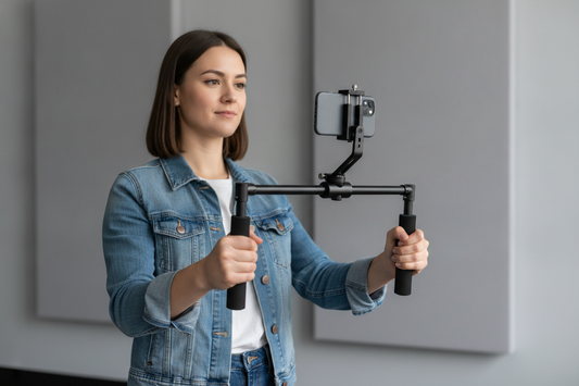 Ergonomic phone rig with dual handles being held at chest height by a creator during a vertical filming setup