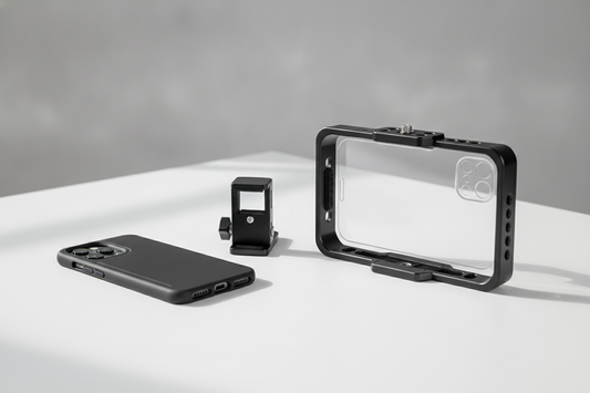 Phone rig compatibility check with smartphone, thick case, and mount on a tabletop