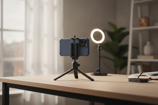 MagSafe phone tripod with a case-mounted smartphone in a stable tabletop filming setup