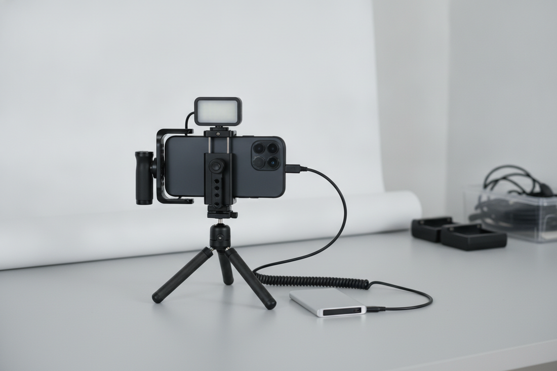 Smartphone video setup with external solid-state drive mounted beside the phone for a long recording session