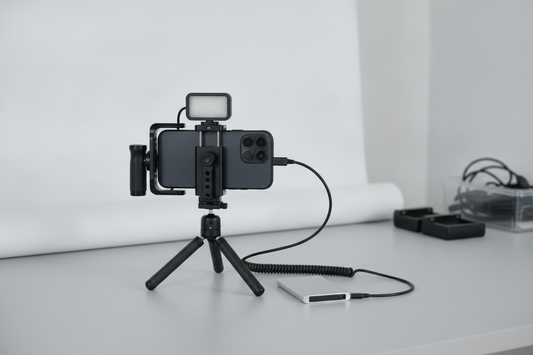 Smartphone video setup with external solid-state drive mounted beside the phone for a long recording session