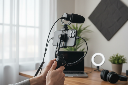 Smartphone video rig with an external microphone mounted close to the speaker and clear of the hand path