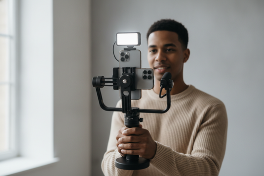 Vertical phone rig with a small light mounted near the camera view direction and slightly above eye level for a talking-head setup