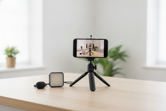 Phone creator kit essentials arranged for a simple starter filming setup with a phone on a tripod and a few basic accessories on a clean table