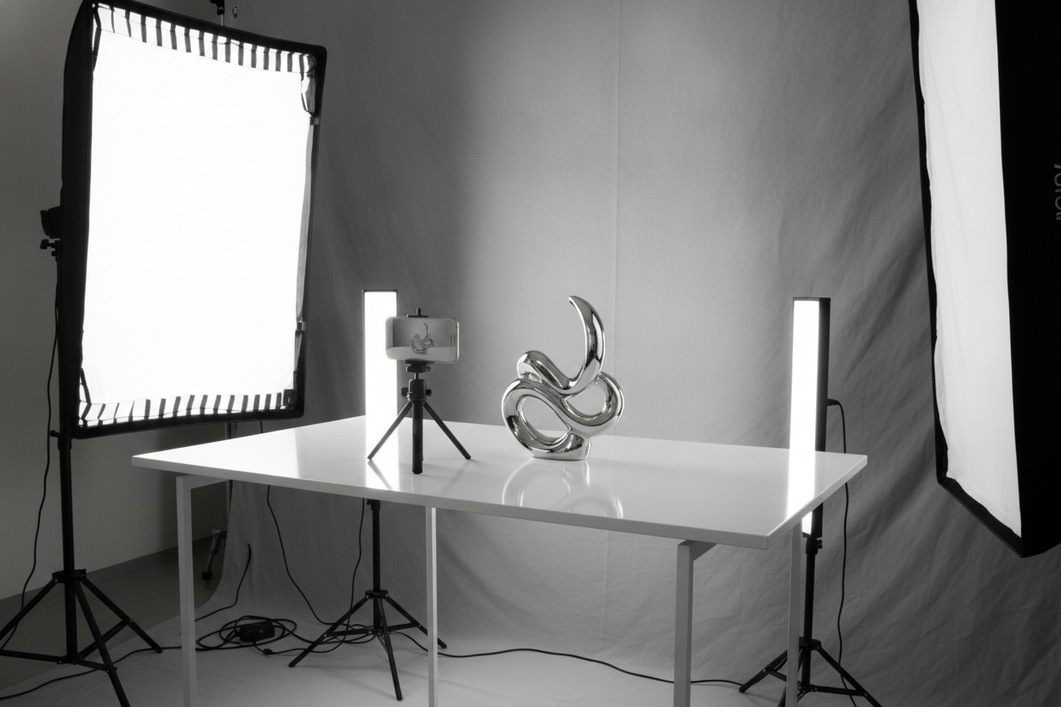 Reflective product video setup with a phone, bright light, and glossy item on a tabletop