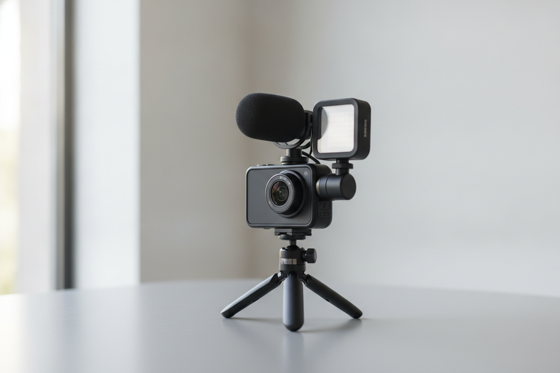 DJI Osmo Pocket mount setup with microphone, light, and tripod accessories in a compact shooting rig