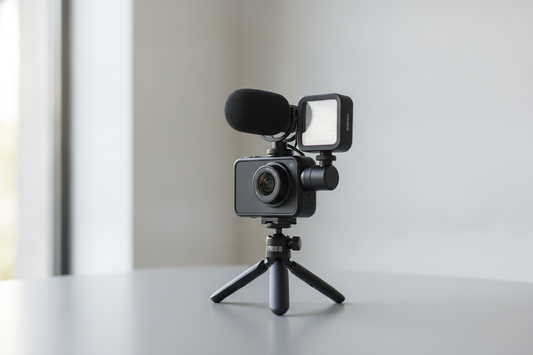DJI Osmo Pocket mount setup with microphone, light, and tripod accessories in a compact shooting rig