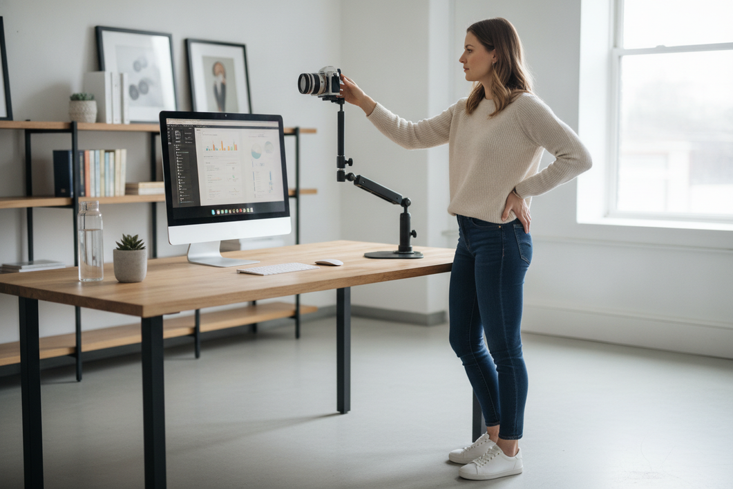 Standing presenter next to a desk camera mount with the lens aligned near eye level, measuring height and reach in a real workspace