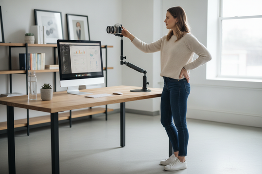 Standing presenter next to a desk camera mount with the lens aligned near eye level, measuring height and reach in a real workspace