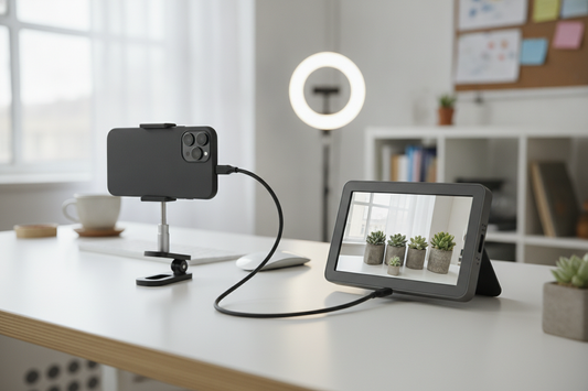 Rear-camera phone monitor setup on a table with a phone, display, cable, and tripod used for vlogging.