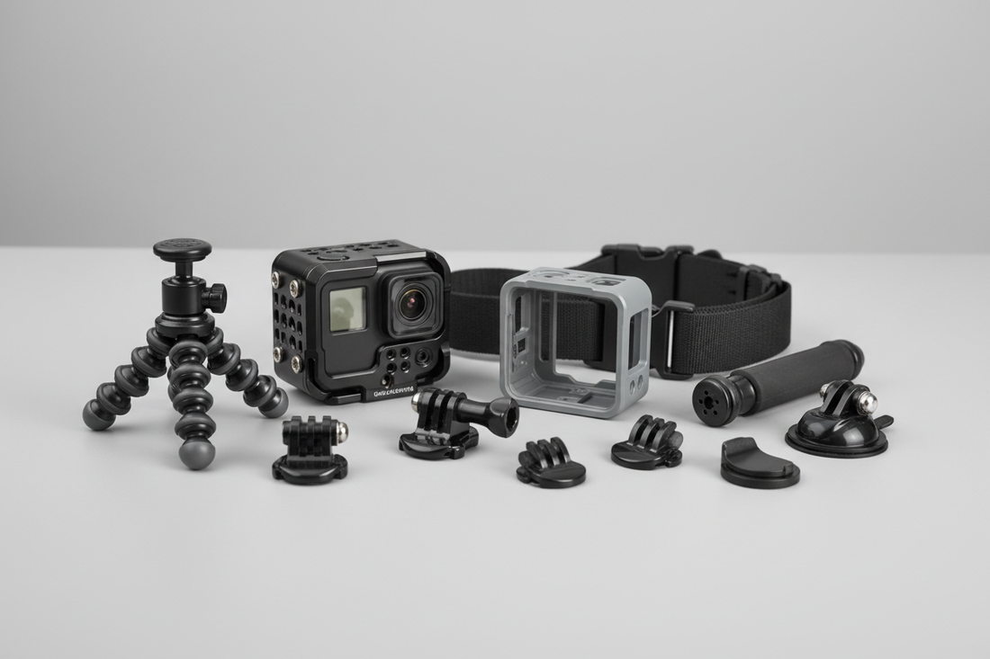 Action camera cage and frame comparison setup with mounted camera and accessory options on a clean tabletop