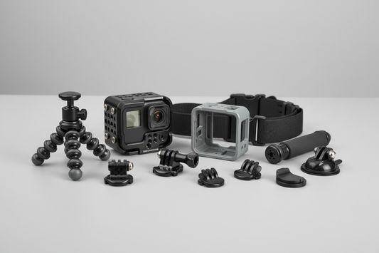 Action camera cage and frame comparison setup with mounted camera and accessory options on a clean tabletop