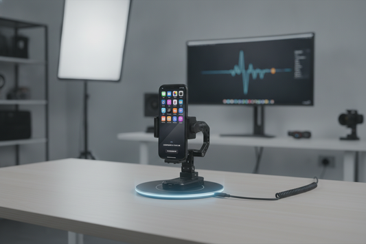 Wireless phone charging on a filming mount with a smartphone centered on a charger next to a cage-style rig
