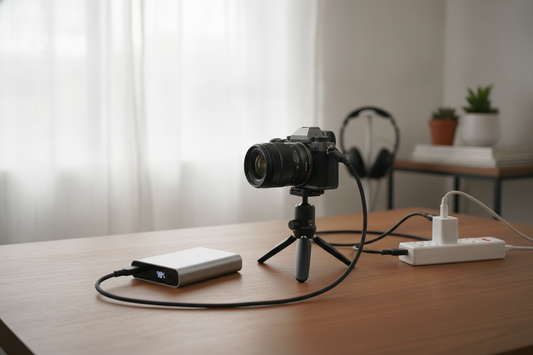 Camera power setup for a long shoot with external power connected to a compact camera on a tabletop rig
