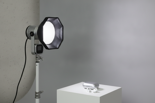 Mini Bowens softbox on a COB video light in a compact tabletop setup with soft, controlled light on a small subject
